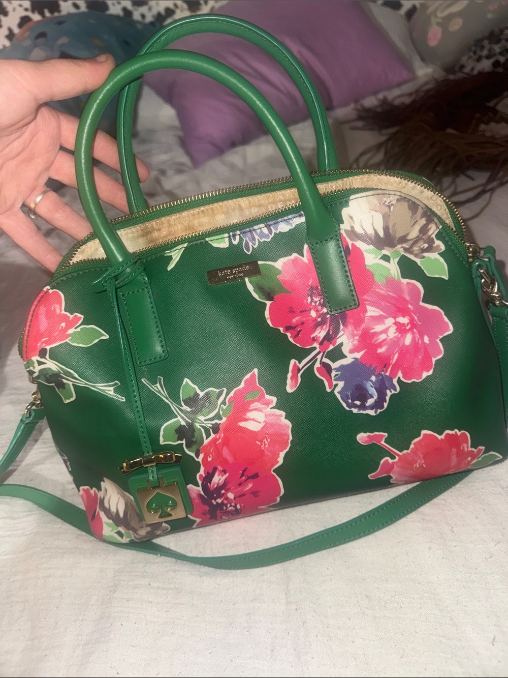 kate spade Green Floral Dome Satchel with Pink Blooms